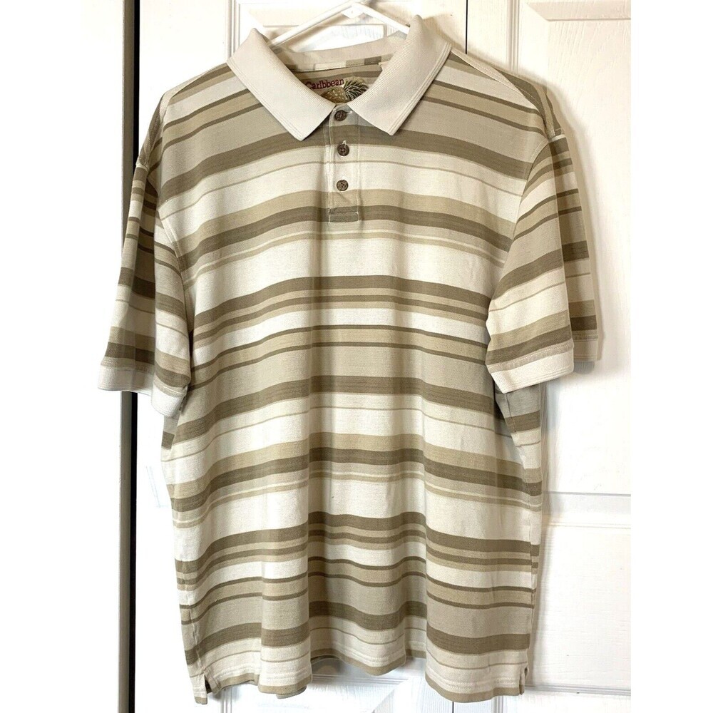 Caribbean Polo Shirt Mens 3-Button Pullover XL Silk Blend Brown Stripes Beachy